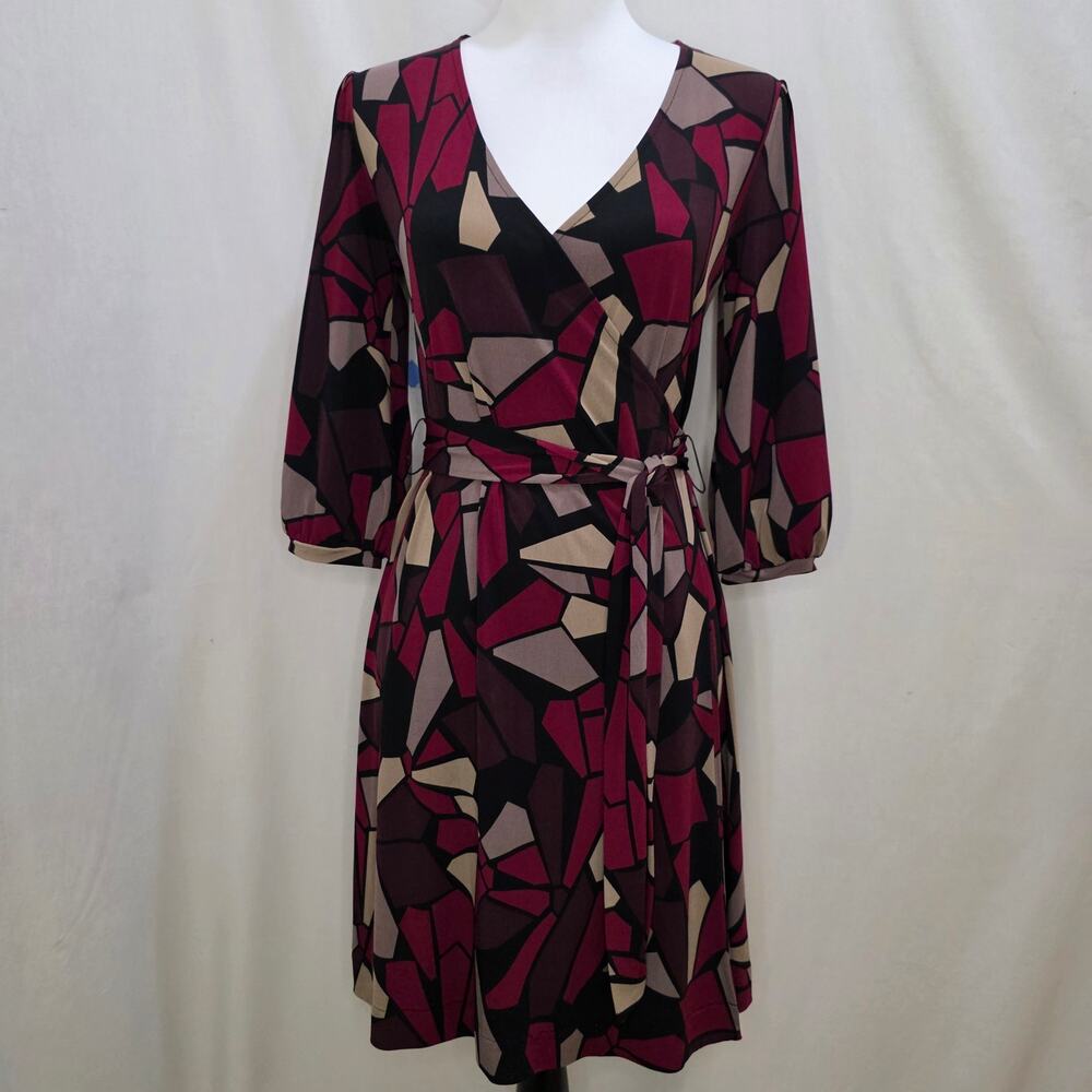 Elle Abstract Mosaic Burgundy Faux Wrap Dress, Size X-Small